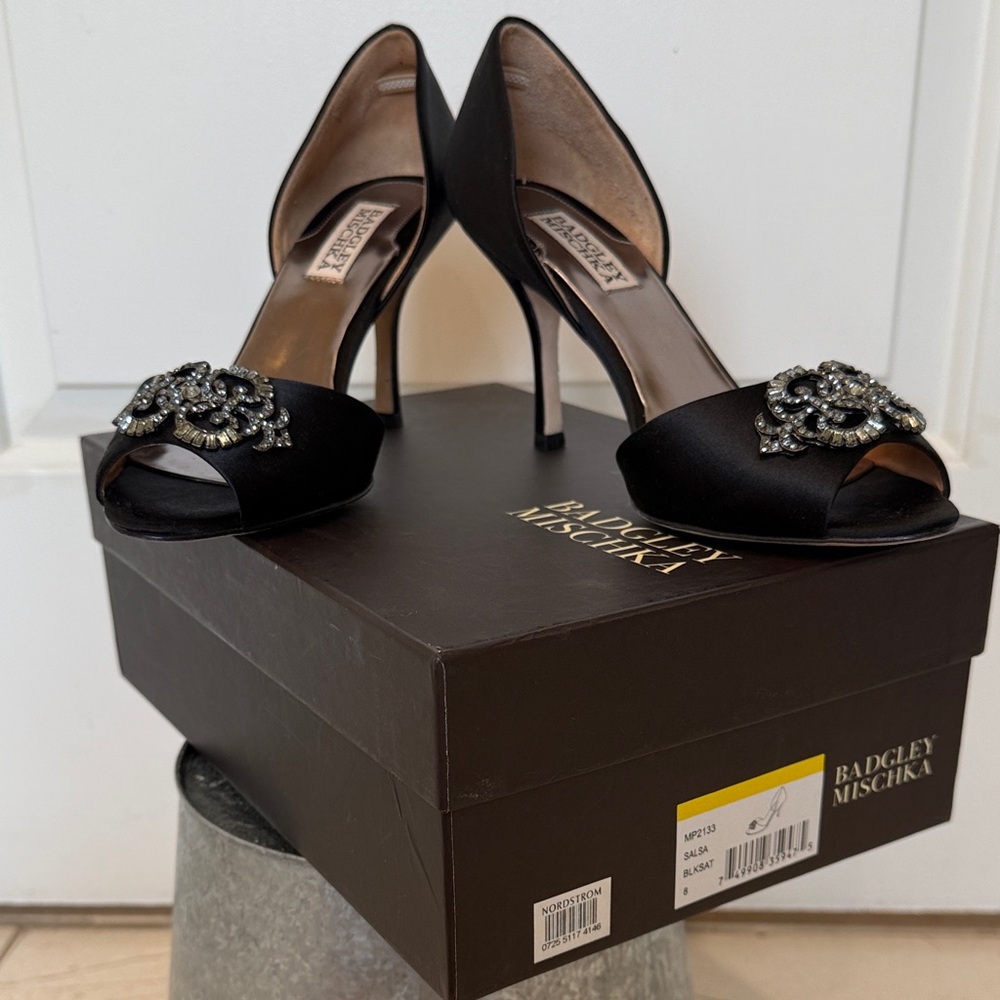 Badgley Mischka Black Peep-Toe Heels with Silver Accents
